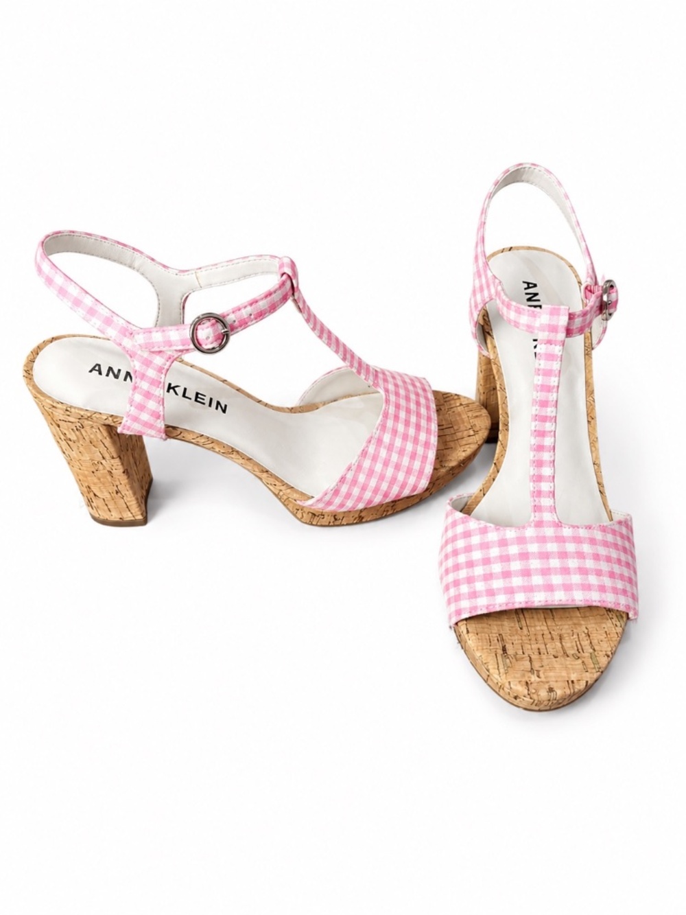 Anne Klein Pink Gingham Cork Platform T-Strap Block Heel Sandals Size 7.5 - Picture 6 of 9